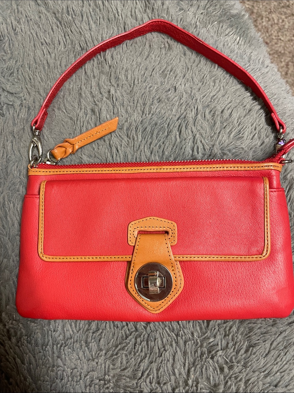 Danier Leather Wristlet Clutch/sholder bag in Red with Tan Trim